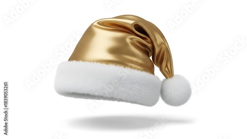 A luxurious golden Santa hat with a soft white fluffy brim and a matching pom-pom, floating against a clean white background, perfect for festive holiday celebrations.