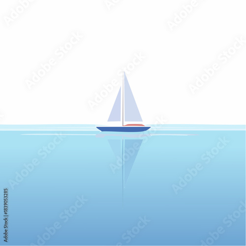 A serene sailboat floats on calm waters under a clear sky viewed from a distance.