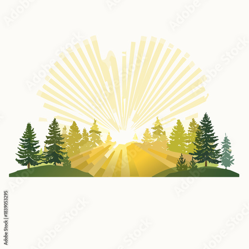 A serene landscape of trees and hills under a radiant sunrise