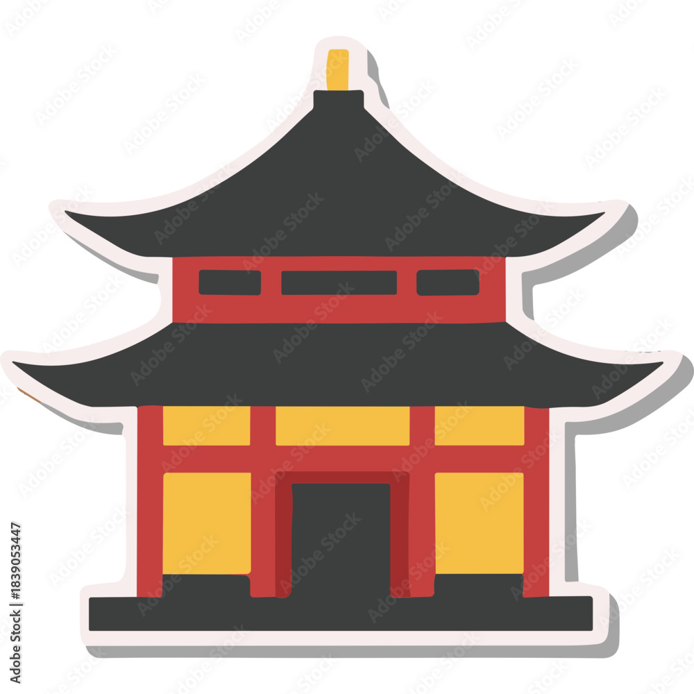 Obraz premium Traditional East Asian Pagoda Building With Red Accents And Yellow Walls Under A Dark Gray Roof Isolated On White Background