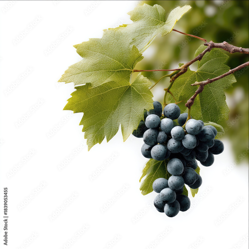 Fototapeta premium Grape cluster with green leaves hanging on vine, fresh and vibrant, isolated on white background, natural and healthy
