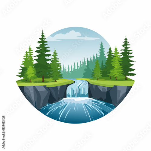 A serene waterfall flows into a tranquil pool surrounded by lush green trees in a natural landscape
