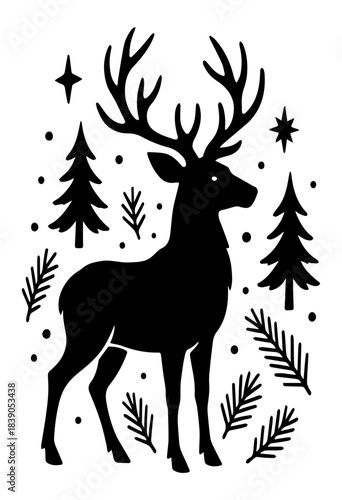 The black and white silhouette of a burun deer with horns is a symbol of strength and seasonal mood. Suitable for packaging, decoration and Christmas motifs (without direct repetition of the tree) EPS