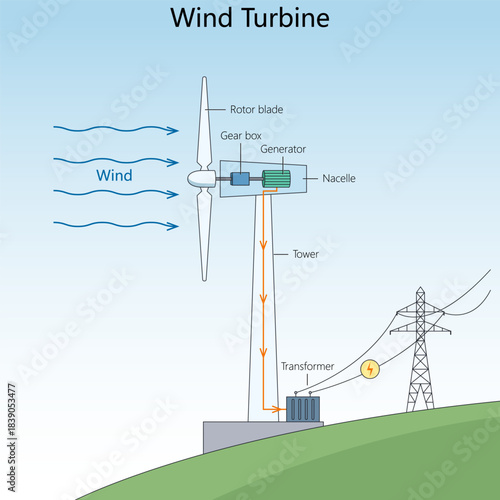 wind energy conversion into electricity using rotor blades, gearbox, generator, and transformer diagram hand drawn schematic vector. Science educational illustration