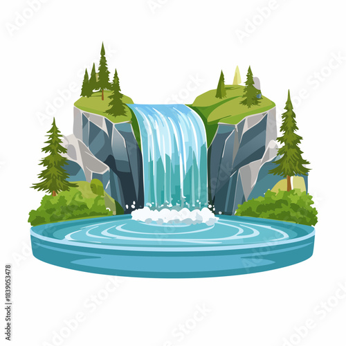 A serene waterfall cascading into a tranquil pool surrounded by lush greenery and rocky cliffs from a frontal viewpoint.