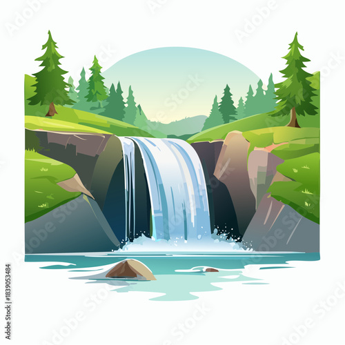 Serene Waterfall Flowing into a Tranquil Lake Surrounded by Lush Forest