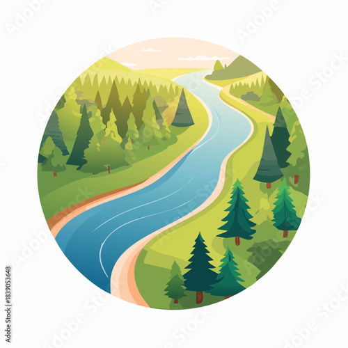 A serene river flows through a lush forest landscape surrounded by trees