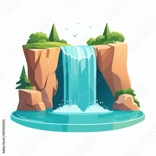 A serene illustration of a waterfall cascading into a tranquil pool surrounded by lush greenery and rocky cliffs from a front viewpoint