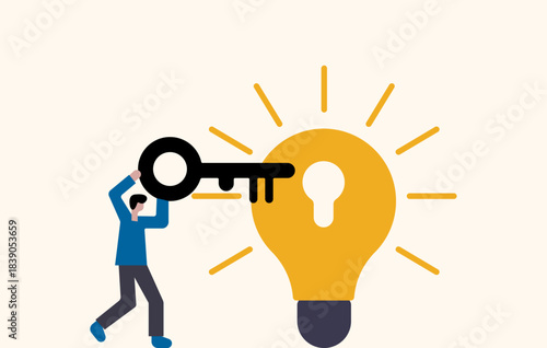 Man carrying key to unlock idea illustration