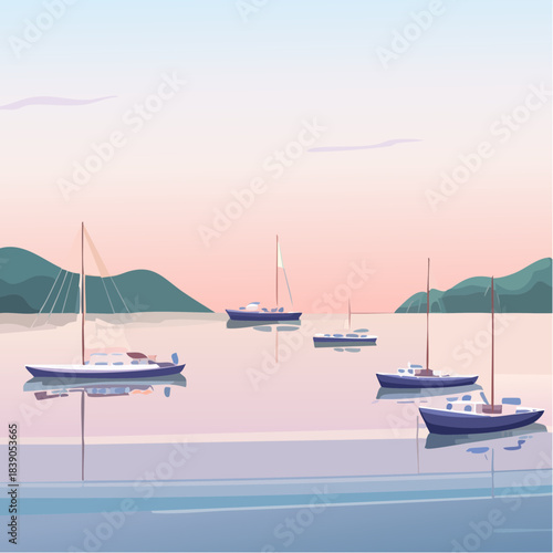 Sailboats anchored in serene bay at dusk with mountains in background
