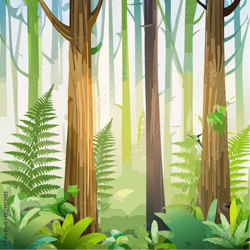 Enchanting forest scene with tall trees, lush green foliage, and sunlight filtering through the canopy, creating a serene natural landscape