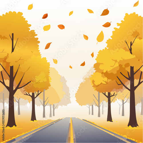 A serene autumnal landscape with trees lining a straight road as leaves fall gently around it