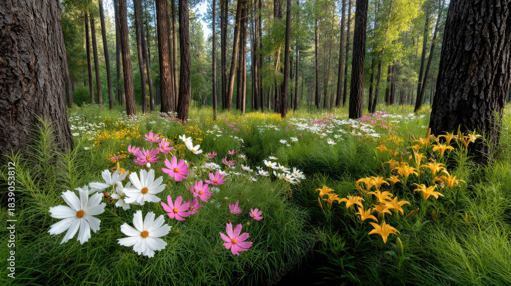 Fototapeta premium Dense forest clearing with wildflowers, tall trees, green grass, sunlight, and vibrant colors create peaceful natural scene