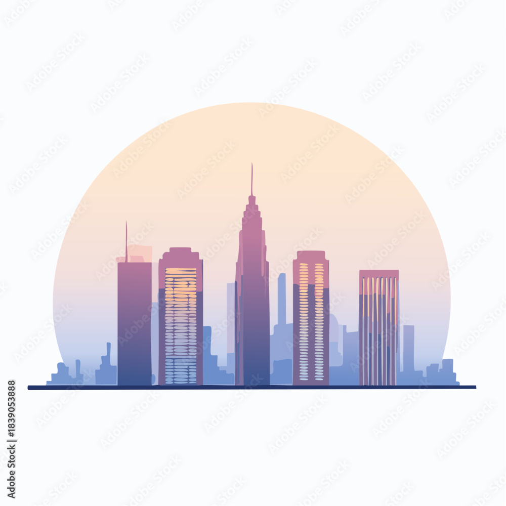 Obraz premium Cityscape illustration of skyscrapers with vibrant office buildings against a pastel sunset background