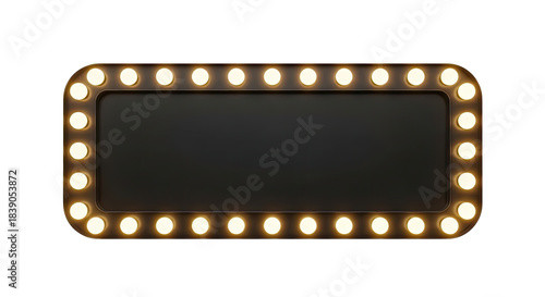 Illuminated Sign: A vintage-style sign with radiant light bulbs borders a dark, empty space, exuding a sense of anticipation and excitement. 