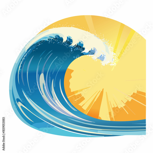A majestic wave crests in the ocean against a vibrant yellow sunset backdrop with cityscape illustration