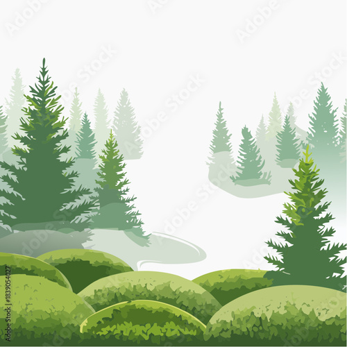 A serene landscape of lush green hills and trees in a misty forest environment viewed from a distance