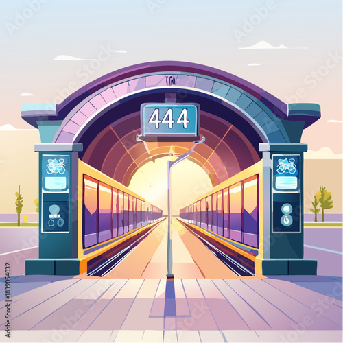 A futuristic train station entrance with sleek arches and a bright tunnel ahead