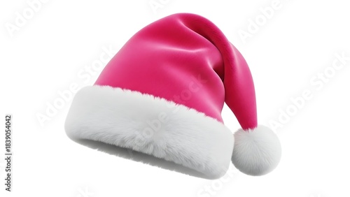A vibrant pink Santa hat with a soft white fluffy trim and pompom.