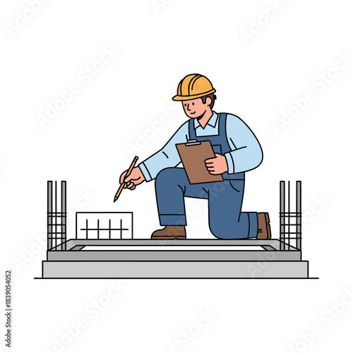Construction worker inspecting building foundation and rebar before concrete pour