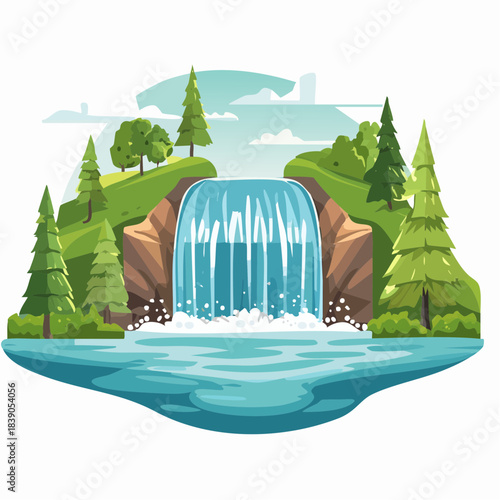 A serene waterfall cascading into a tranquil lake surrounded by lush green trees and hills