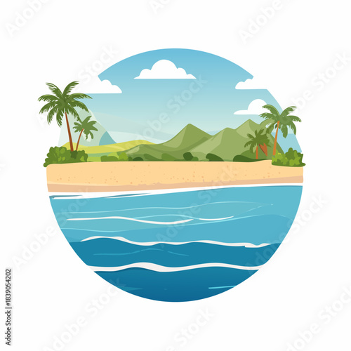 Tropical island with palm trees and mountains in the background viewed from the ocean