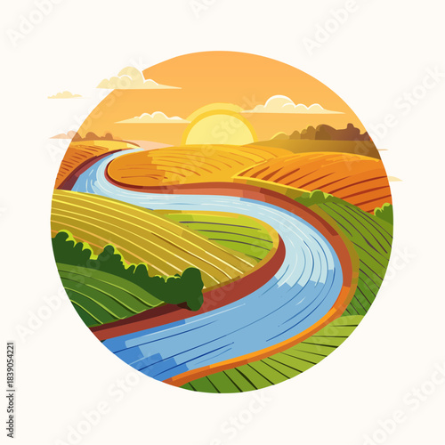 Vibrant illustration of a winding river flowing through golden fields at sunset, depicting a serene and picturesque agricultural landscape with lush greenery under a warm sky