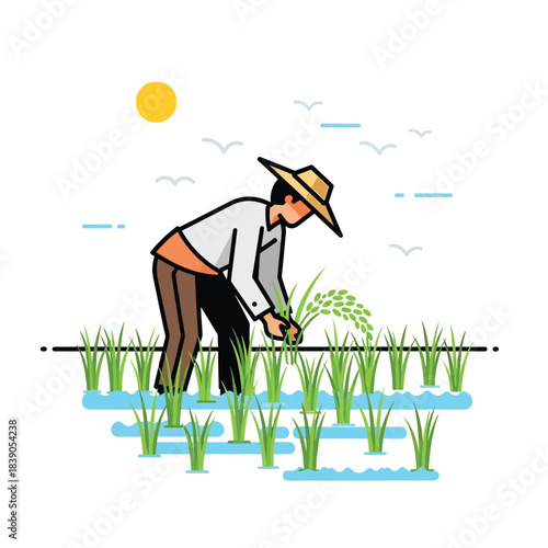Diligent farmer cultivating rice in a traditional paddy field under the sun, showcasing agricultural work and rural life