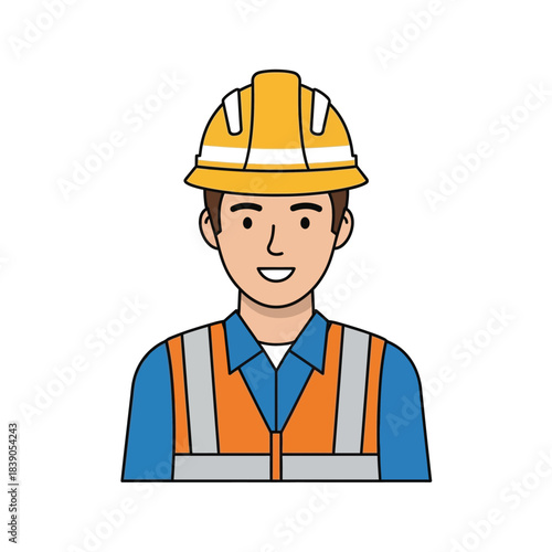 Friendly male construction worker in safety gear. Confident builder cartoon character wearing a hard hat and high-visibility vest