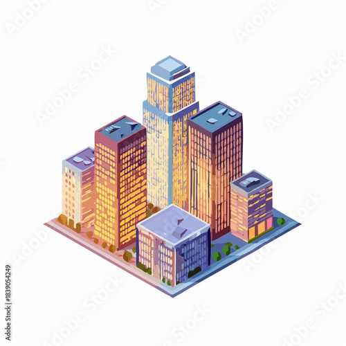 Isometric modern city block illustration with illuminated skyscrapers and urban architecture at twilight, showcasing vibrant metropolitan development and downtown landscape