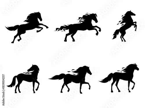 Horses in various dynamic poses against white background. Horses are depicted in different positions, showcasing movement, energy
