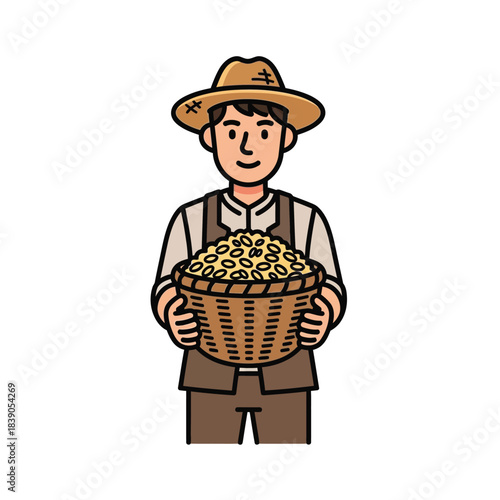 Farmer holding a basket full of grains, illustration