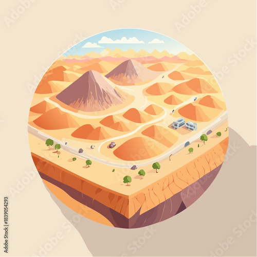 Stylized isometric view of a vast desert landscape featuring arid mountains, winding roads, and a few small structures under a clear sky, depicting a cross-section of the earth