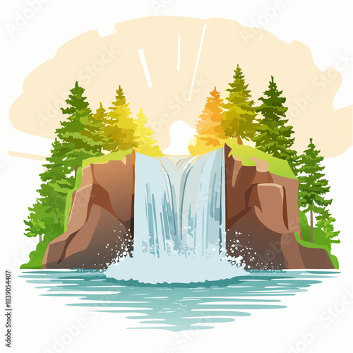 Vibrant illustration of a majestic waterfall cascading between verdant cliffs adorned with lush evergreen trees, portraying a serene natural landscape with sparkling water under a bright, stylized sky