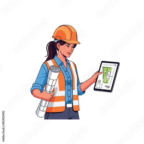 Dedicated Female Engineer Reviewing Architectural Blueprints on Digital Tablet