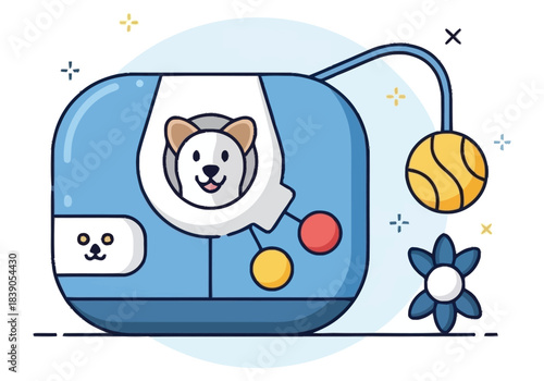 Cute Animated Pet Care Appliance with Playful Accessories Isolated on White Background Niche Industry Vector Icons Evergreen Microstock Graphics Sustainable Energy Line Art
