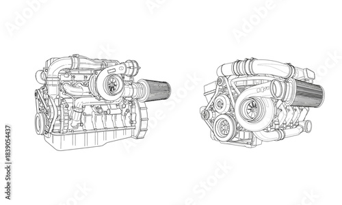 Truck Engine Turbo System Black Line Vector – Turbo Motor Outline – Heavy Truck Engine Drawing – truck engine, turbo, vector