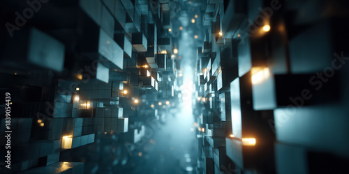 Abstract AI background with a neural network design. Blocks of varying sizes create a tunnel effect, illuminated by soft blue and gold lights.