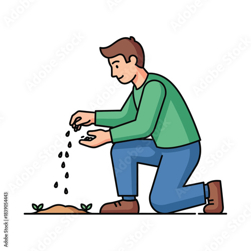 Gardener carefully sowing seeds into fertile soil for new plant growth and cultivation