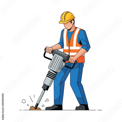 Construction worker operating a jackhammer for pavement breaking