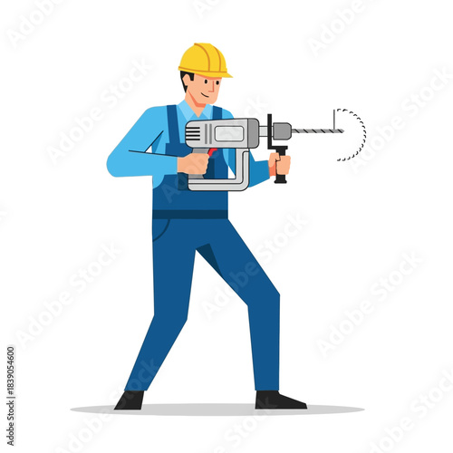 Skilled construction worker in hard hat operating a large power drill, ready for building and renovation tasks