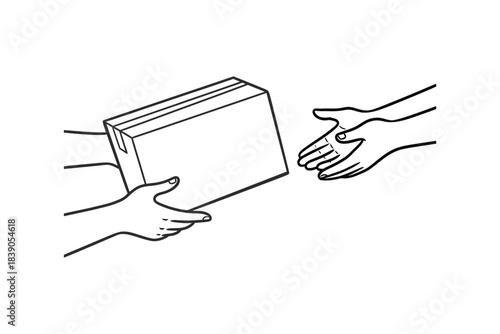 Illustration of delivery of a package or box from one persons hands to another persons hands, line art drawing, white