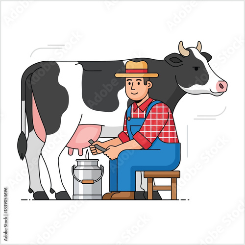 Farmer Milking a Cow with Milk Bucket Vector Illustration