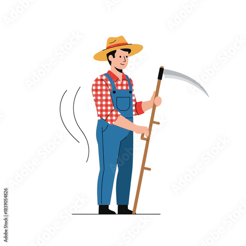Farmer holding a scythe with straw hat and overalls, ready for harvest