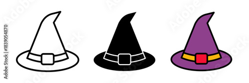 Witch hat icon with a slightly curved tip and a simple band around the base, designed in a minimal, flat style suitable for icons.