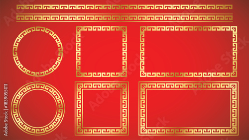Traditional Chinese New Year golden frame decorative vector set. ฺcircle square rectangle border element on red background. For websites, covers, posters, wallpapers,  presentations, infographic.