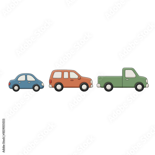 Three different vehicle types and sizes lined up against a white background