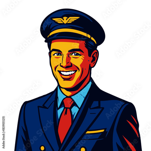 happy male airline pilot in uniform, representing aviation, travel, and professionalism. Generative ai vector colorful pop art illustration.