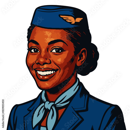 flight attendant in classic uniform, perfect for aviation, travel, or nostalgia themes. Generative ai vector colorful pop art illustration.