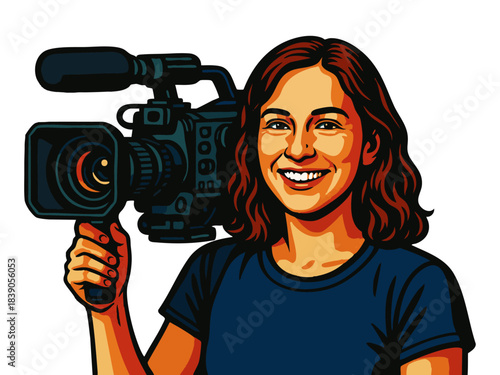 woman filming with a professional video camera, ideal for media and production themes. vector colorful pop art illustration.